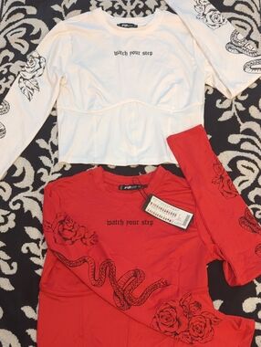 2 Pack 'Watch Your Step' Crops - FB Sister White & Red Tattoo Snake Sleeves - S